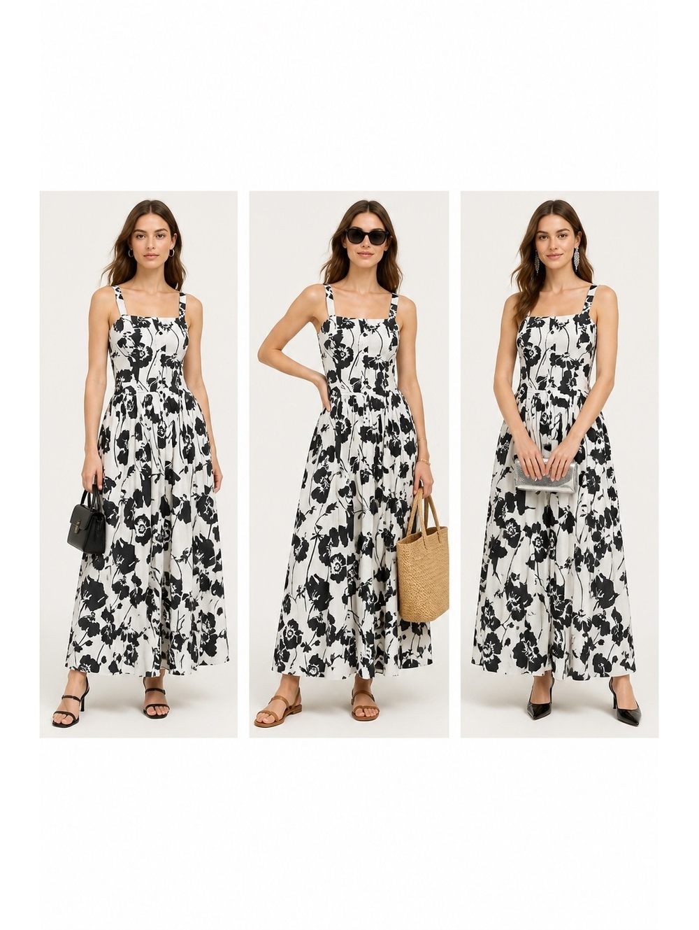 La Nouvelle Renaissance Black and White Floral Print Maxi Dress
